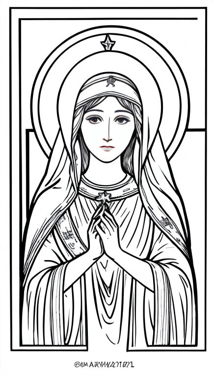 Adult coloring books, No details, Outline No color, Fill the frame, Clip art White background Very beautiful Virgin Mary, , she'For men'Magazine Model, she'Playmates. She wears sheer lace lingerie, Detailed adult coloring page Thin black lines White background, Milo Manara Style