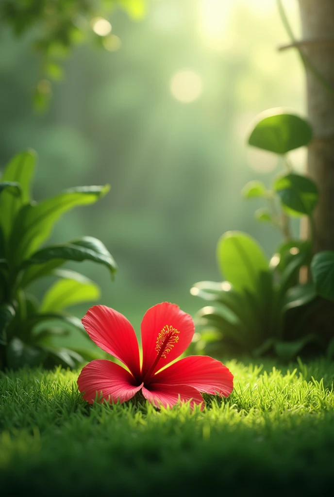 A red flower on the floor, the green floor and more plants in the background, small