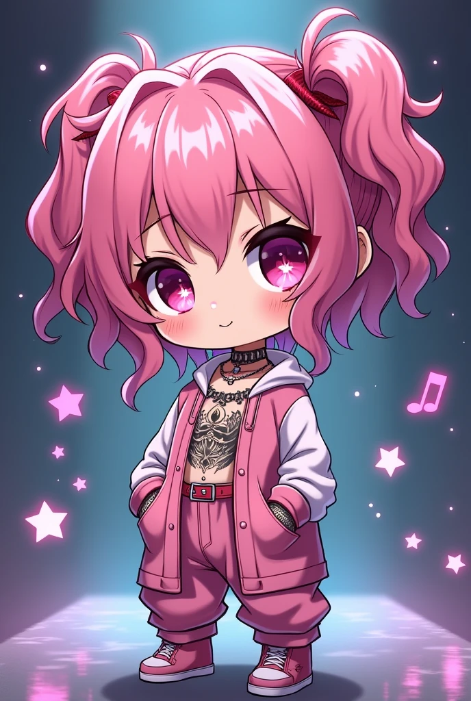 chibi, cute anime character girl, pink messy wavy hair, cross-shaped pupils, wearing loose baggy rapper-style costume, attractive and seductive face, make-up, covered in tattoos, superlative body proportion, background another dimension, notes effects, star effects, heart effects, glitter effects, (ultra detailed, absolutely resolution, best quality:1.3)