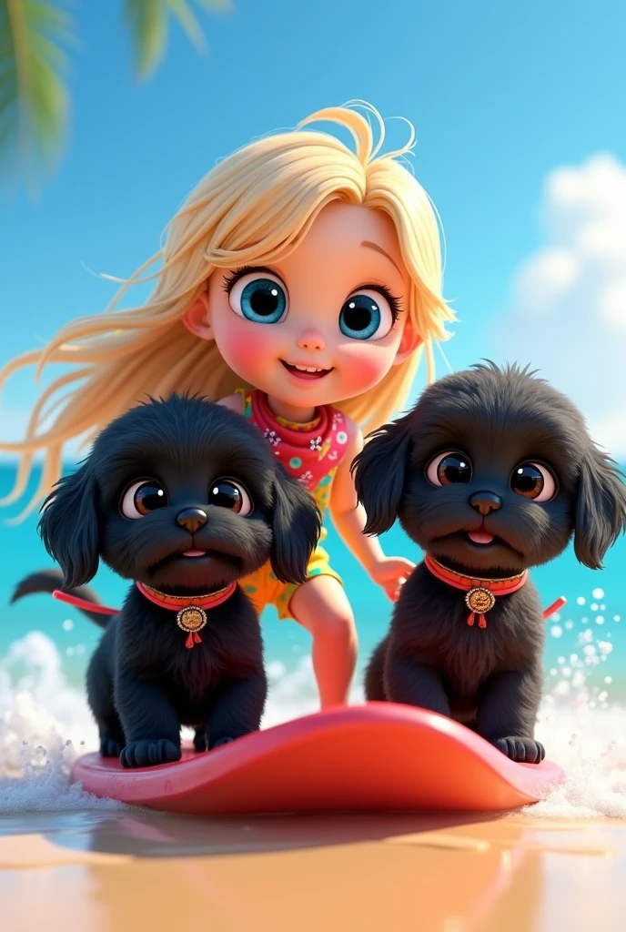 cute adorable 2 black shih tzu puppies, cute blonde girl, extremely detailed, big blue eyes, wearing colorful collar and bandana, water skiing, 3D Pixar style, at beach, photorealistic, (best quality,8k,highres,masterpiece:1.2),ultra-detailed,(realistic:1.37),HDR,vivid colors,studio lighting