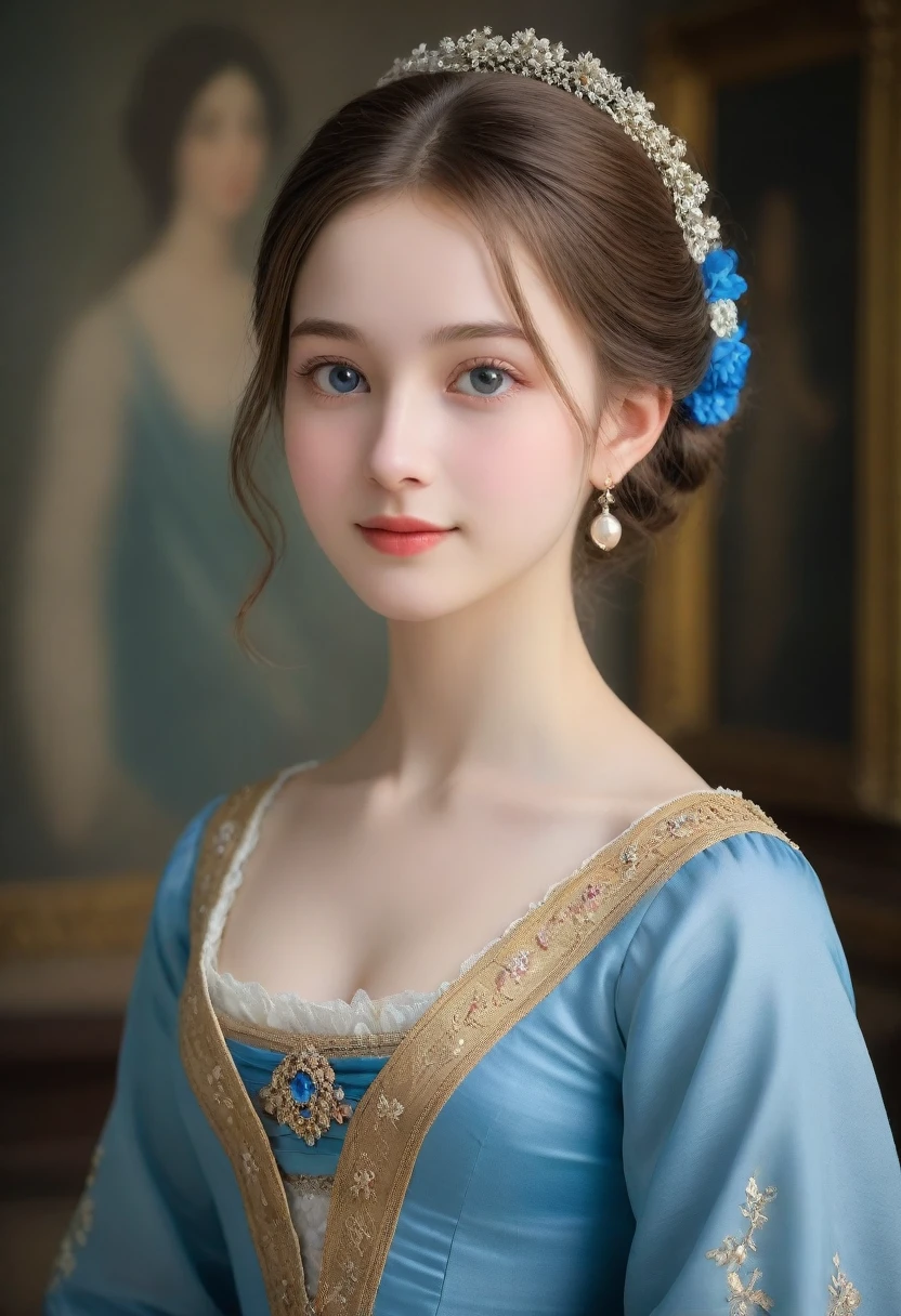(High resolution,masterpiece:1.2),(Realistic:1.37)"(Highest quality, High resolution, Very detailed, Realistic),A beautiful portrait of a 14-year-old noblewoman in 19th century France, (She is half French and half Japanese., She is a stunning beauty with a beautiful, thin, translucent blue eyes and a high nose.:1.1), Exquisite French ballet costume, Detailed facial features, Long and graceful neck, Shiny, flowing straight long hair like a beautiful girl, Graceful posture, Soft and delicate lighting, Classical Oil Painting Medium, Vibrant colors, Delicate background with floral motifs", (Her hair is down,, very long and flowing down her back), (Matching bangs: 1.0), Looking at me with a dazzling smile, Beautiful straight hair like a shampoo promotion,