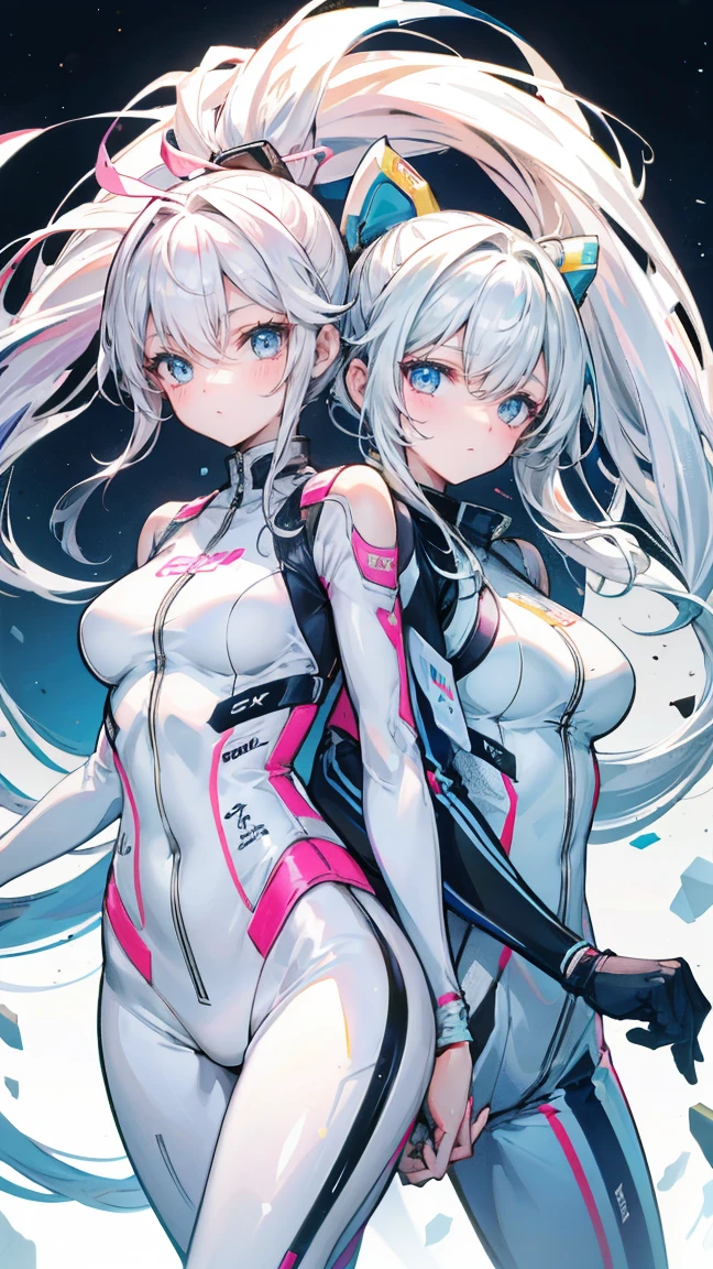 The two girls leaned together,One long hair and one double ponytail,White skinny racing suit,blush,beautiful eyes