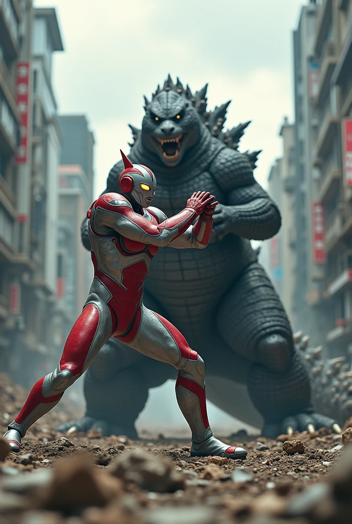 Ultraman choke Godzilla with two hand. Battlefield. Building destroy. Tilt shift photography. Realistic. 4k. Hull hd