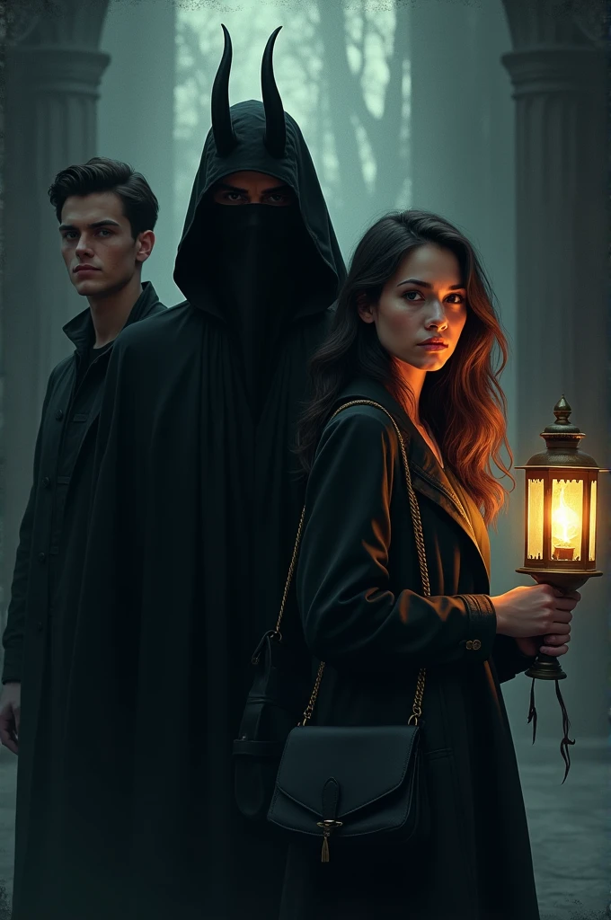 Create a novel cover for me. A demon covering his face wearing back. A girl in the right side holding a lamp in the left hand and a bag in the right hand up to the sholder and a handsome boy in the left side. And make the boy and girl in a way that they look like they are looking at me( in front)