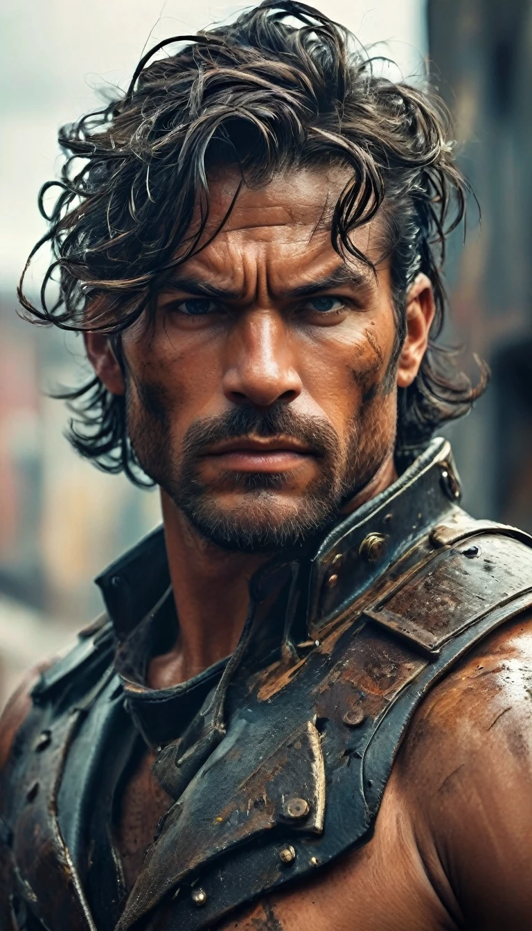 realist:1.3,( fotorrealist, 8k, RAW Photos, Premium quality, masterpiece, epic lighting. close up, Centered image), (Complete plan:1.4),((1 handsome and muscular man, post-apocalyptic, guerrero, Perfectly detailed face and body, (foreground), for the cover of Heavy Metal magazine, dynamic pose, beautiful and detailed hair, Leather Clothes))