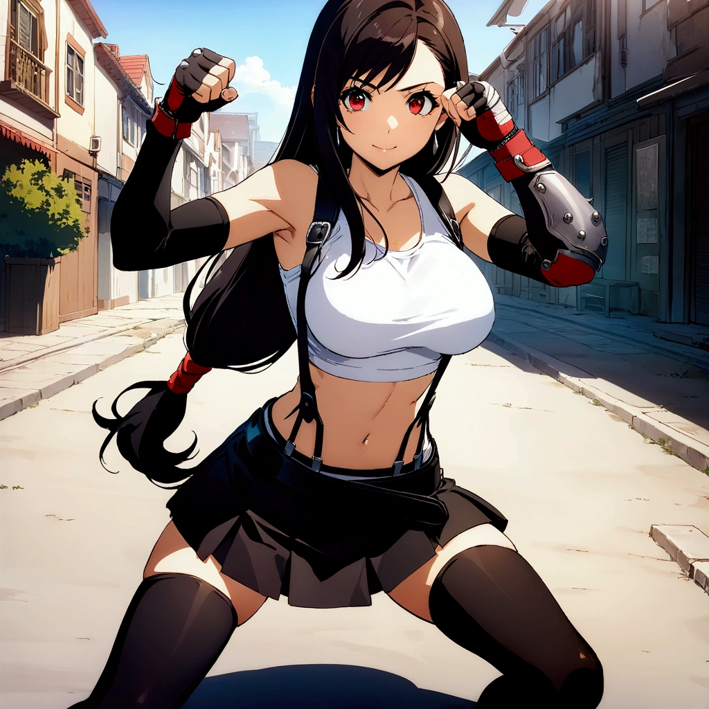 score_9, score_8_up, score_7_up,(best quality,masterpiece),ultra detailed,(aesthetic,very aesthetic),highly detailed),megami_magazine,official art,1girl, tifa lockhart, final fantasy, tareme,black hair, low-tied long hair, red eyes, bangs, white tank top, belt, pleated skirt, thighhighs, elbow fingerless gloves, elbow pads, midriff, navel,suspender skirt . ,(large_breasts:1.2),(perky breasts;1,2),(light smile),Solo,,(daytime and beachside and city),,professional lighting,cinematic lighting,fullbody,fighting pose,fighting stance,