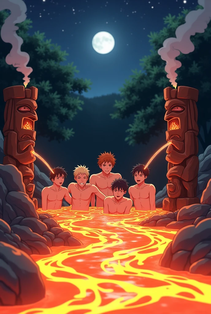 This image has to be anime, a river of lava, 5 teenagers, All men are bathing in this lava river. No fundo, you can see a beautiful forest at night. The lava is glowing and releasing smoke. The five are having fun. There are two Tiki statues, each one on one side, and they are releasing lava into the river of lava