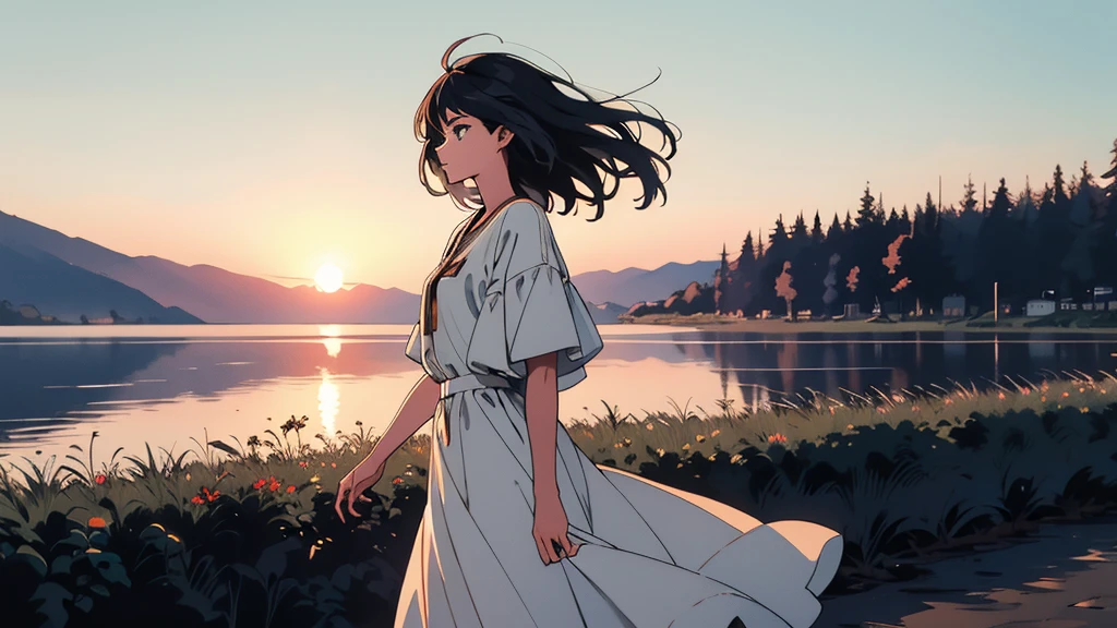 masterpiece, Highest quality, A girl walking Nature at sunset, enjoying the calm atmosphere,beautiful eyes, solo,