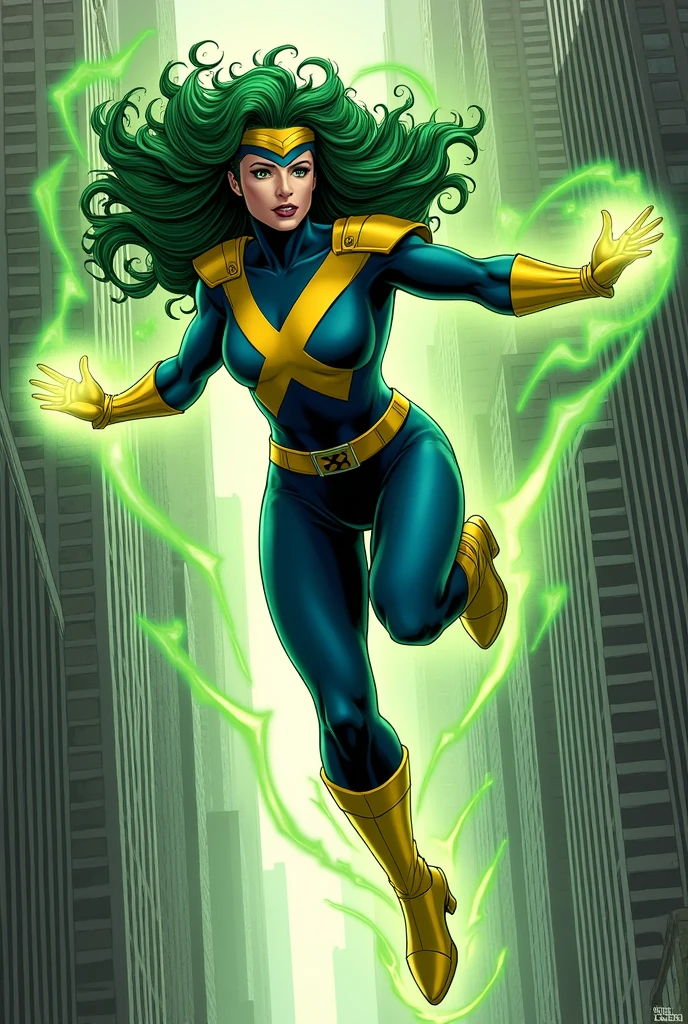 Lorna Dane, polaris x-men, (green thick wavy long hair:1.4), wearing a blue costume, with yellow xmen belt, yellow glowes, yellow boots, flying in New York city, (she's using her green power:1.3), (comic style:1.4)