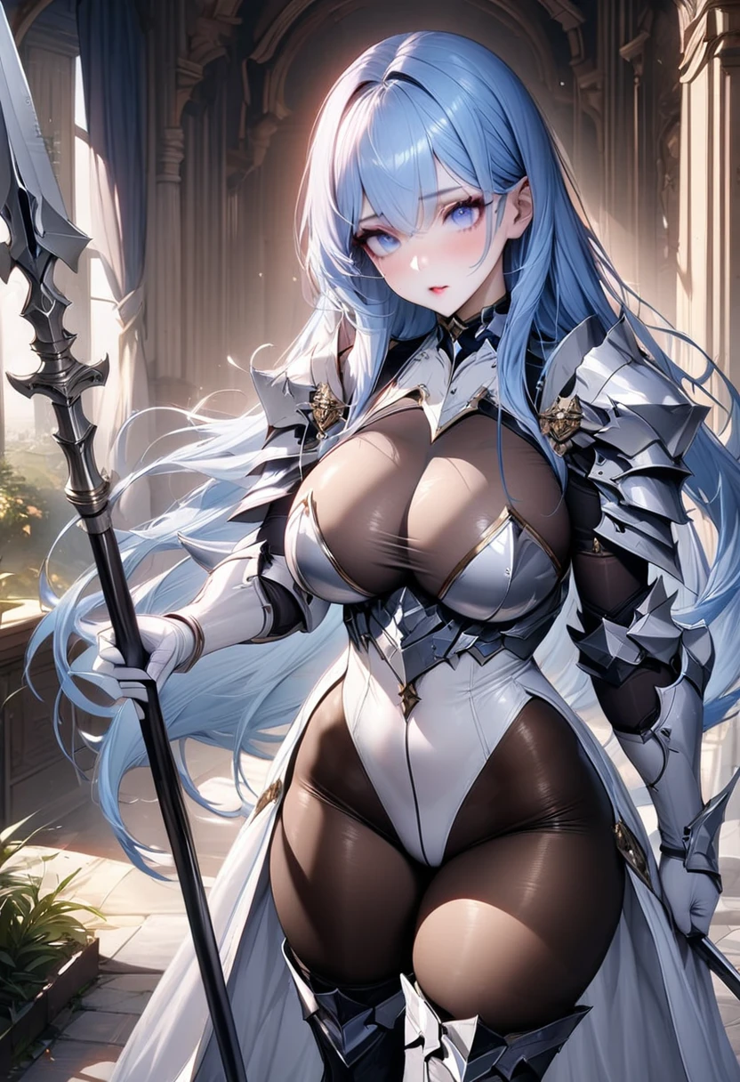 ((highest quality)), ((masterpiece)), ((hyperrealistic)), (solo), 1girl, ((curvy)), ((Tight and digging into the skin: 1.2)), perfect face, ((Azur Lane)), ((armored dress)), ((white paladin armor)), ((skin-tight pantyhose leotard: 1.4)), ((white knight armor breastplate)), ((skin-tight black Investigator Bodystocking)), ((large pauldron)), (white long gauntlet gloves), ((light blue hair straight long hair)), ((Big chest that looks like it's going to burst under pressure)), (pantyhose thighs), ((Knee-high boots on the white tight skin that digs into it)), (high heel boots), ((see through cleavage cutout)), Coat of arms leotard, zettai ryouiki, beautiful blue eyes, Perfect hands, perfect fingers, luxurious goldsmith one hand spear, holding a spear, prepare a spear, makeup, cowboy shot