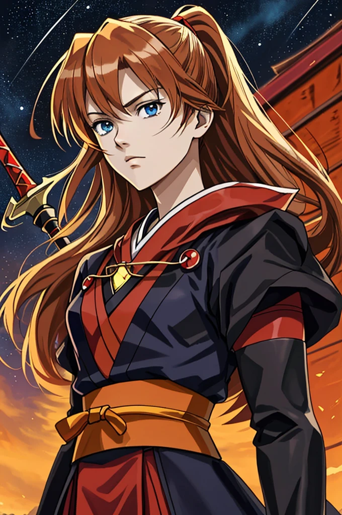 Highest quality, masterpiece, High resolution,，（Asuka Langley），（smug face），He held the spear in his right hand，Evangelion，Ninja、kimono，warrior，（Starry Sky_background），young woman，Anime Style, 4K, alone，whole body， looking at the camera, （Red_coat）Blue Eyes，Brown_hair，（Full Finger）, Hyper Detail, (Intricate details),