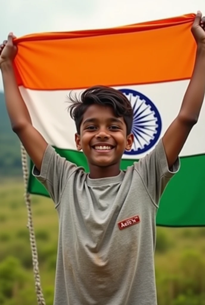 Make a photo of a boy named Jatin holding the Indian tricolor flag in his hand