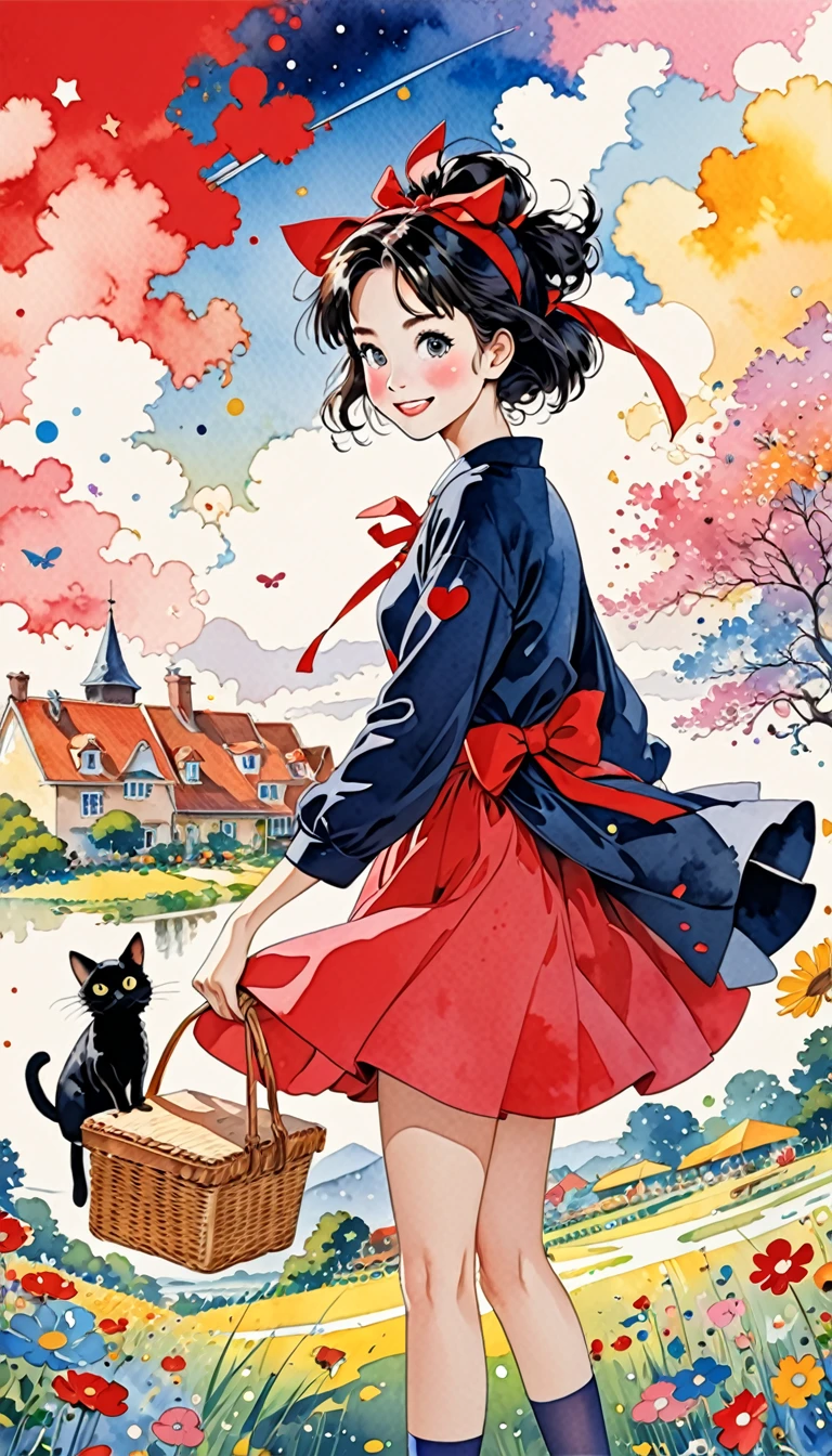 Takashi Murakami Style、(((stylish fashion))), 8K Quality、Intense watercolor, Detailed watercolor art, Watercolor splash, Surreal, avant-garde pop art, Beautiful and expressive paintings, Beautiful artwork illustration, Very colorful tones, wonderful, Cool beauty, highest quality、Official Art, Vector art, Stylish design, (((Kiki's Delivery Service1.9))),(((The most beautiful smiling girl with very large red ribbon on her head1.4))),navy dress,(((witch’s broom))), (((picnic))),(((highest quality))), HDR, ((detailed)), (((Doodle Art)), ((masterpiece)), ((Super detailed)), (((Stylish))), small black cat,