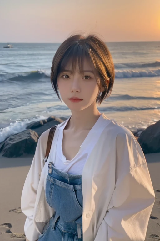 1 japanese woman, short hair, wearing white shirt, short denim, at beach, sunset, A forlorn expression