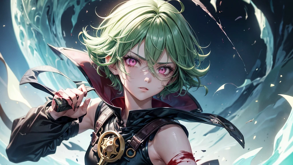 Boy, handsome, short green hair, (masterpiece:1.2、highest quality), (Exquisite pink eyes: 1.2), (Detailed Background、Dark fantasy), (cool detailed face), High Contrast, (Best lighting、Very delicate and cool), ((Cinema Lighting)), black coat with white dirty cloth, blood splatter, traveler, Hyper Detail, Dramatic Light, Intricate details, serious face, moon behind (25 years old, 1 boy, solo, green short hair, messy hair, pony in left ,Sharp Face, pink eyes, hair between the eyes, Dynamic), (Blood splatter:1.4), Black light swirling around the character, Depth of written boundary, green light particles, Nightcore, black magician, Spectacular anime style, zerochan art, Anime Wallpaper, Burning, High quality anime art style, Key Anime Art