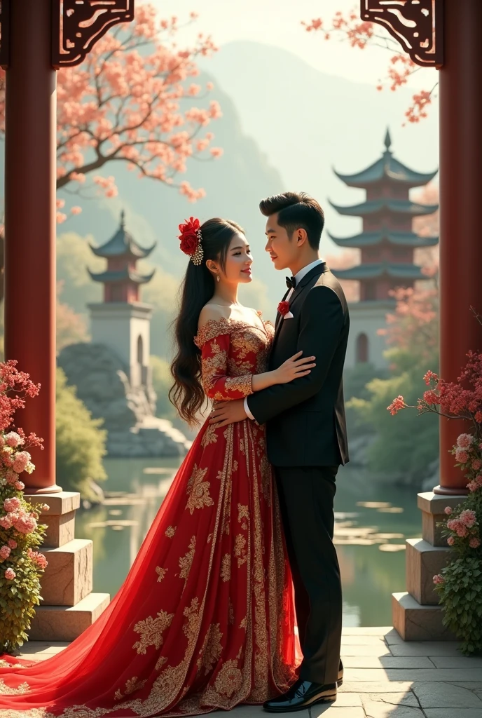 A newlywed Asian couple against a beautiful traditional Chinese backdrop.