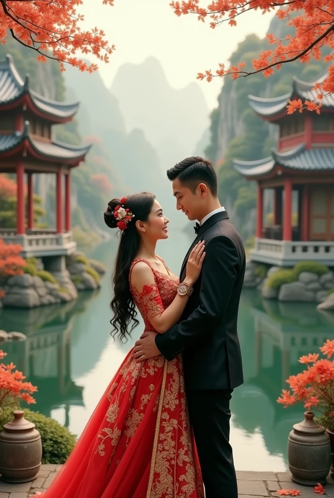 A newlywed Asian couple against a beautiful traditional Chinese backdrop.