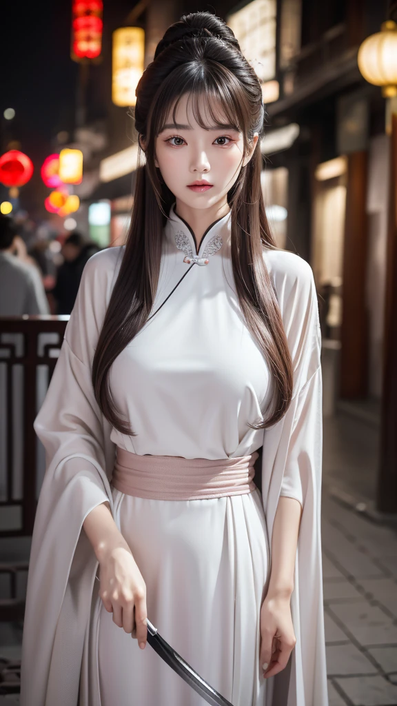 Masterpiece, Best, Night, Full Moon, 1 Female, Mature Woman, Chinese Style, Ancient China, Elder Sister, Royal Sister, Cold Face, Expressionless, Silver White Long Haired Woman, Light Pink Lips, Calm, Intellectual, Three Bangs, Gray Hitomi, Assassin, Long Sword, Swordsman, Fighting, Street View, Facial Details,