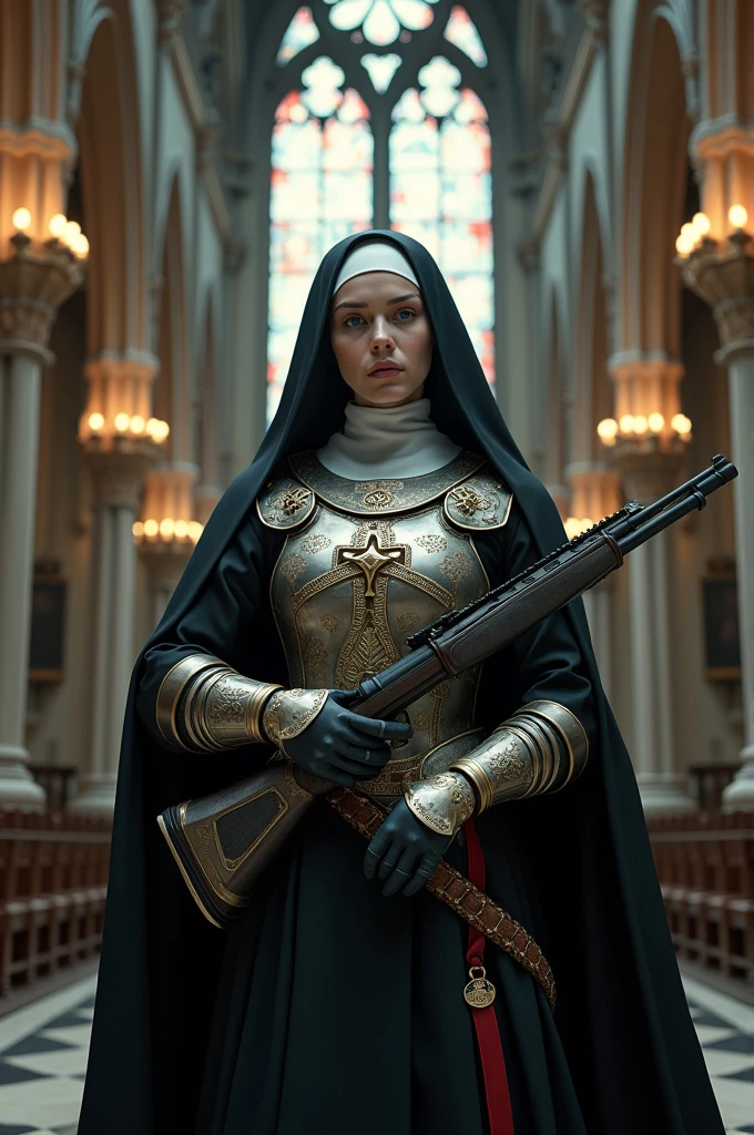 beautiful nun; wearing armor; holding a rifle; Gothic cathedral background