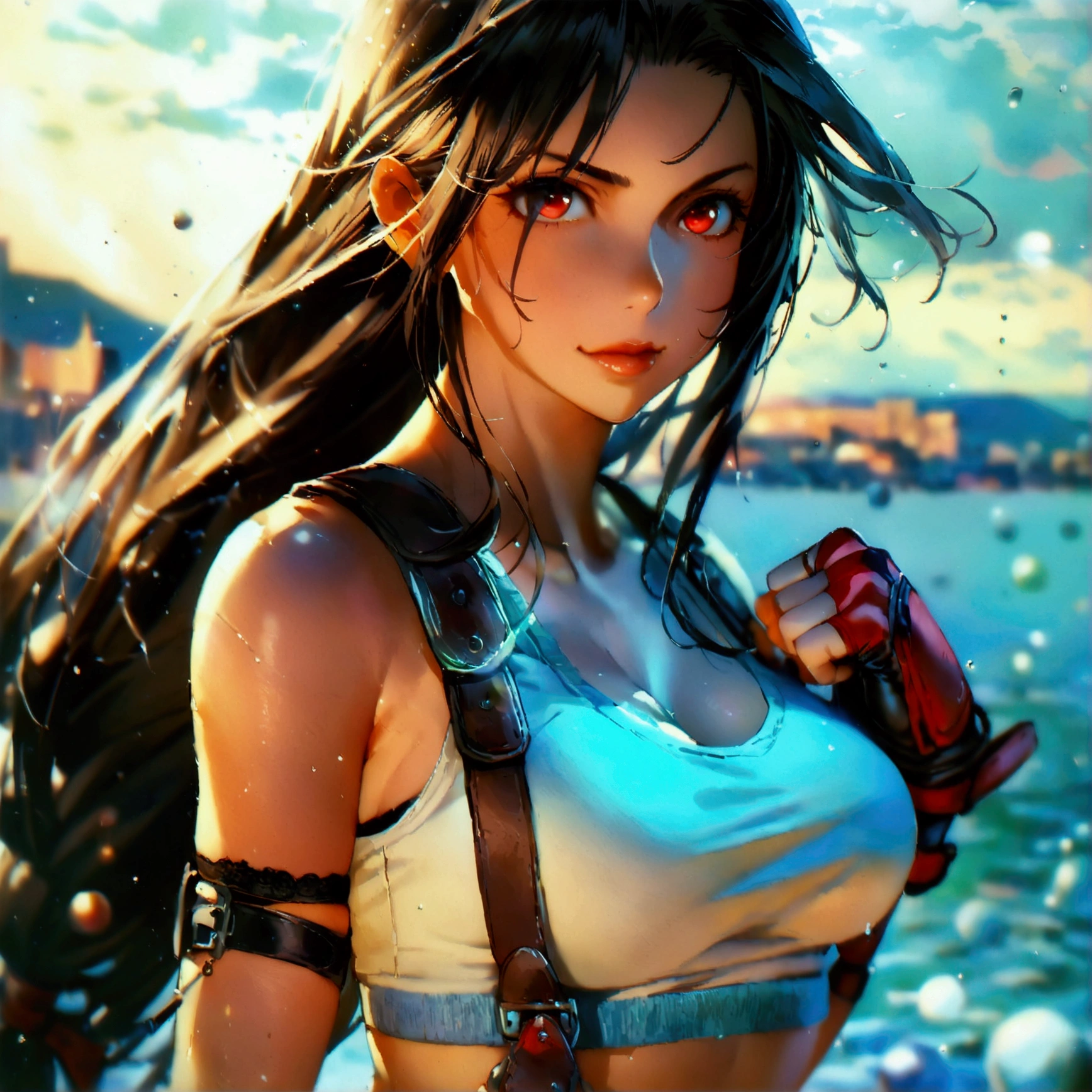 score_9, score_8_up, score_7_up,(best quality,masterpiece),ultra detailed,(aesthetic,very aesthetic),highly detailed),megami_magazine,official art,1girl, tifa lockhart, final fantasy, tareme,black hair, low-tied long hair, red eyes, bangs, white tank top, belt, pleated skirt, thighhighs, elbow fingerless gloves, elbow pads, midriff, navel,suspender skirt . ,(large_breasts:1.2),(perky breasts;1,2),(light smile),Solo,,(daytime and beachside and city),,professional lighting,cinematic lighting,fullbody,fighting pose,fighting stance,