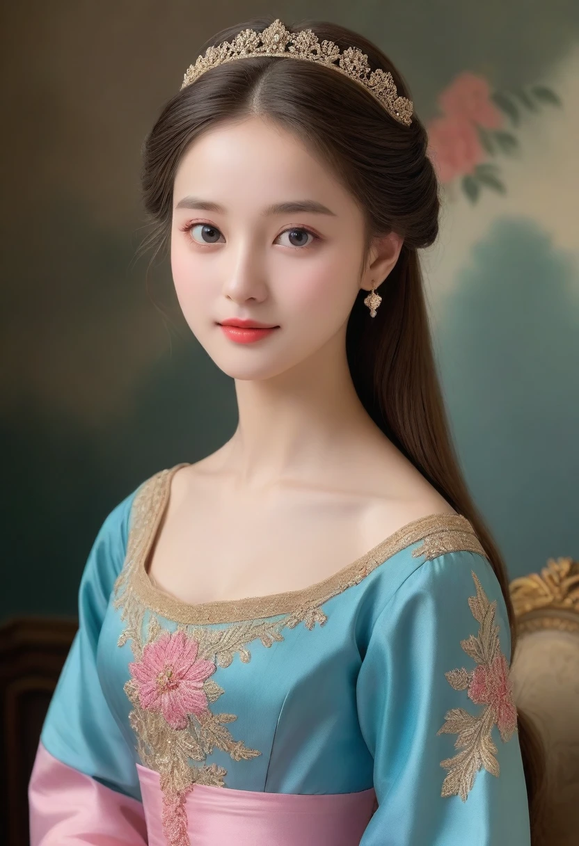 (High resolution,masterpiece:1.2),(Realistic:1.37)"(Highest quality, High resolution, Very detailed, Realistic),A beautiful portrait of a -yeld nowoman in 19th century France, (She is half French and half Japanese., She is a stunning beauty with a beautiful, thin, translucent blue eyes and a high nose.:1.1), Exquisite French ballet costume, Detailed facial features, Long and graceful neck, Shiny, flowing straight long hair like a beautiful girl, Graceful posture, Soft and delicate lighting, Classical Oil Painting Medium, Vibrant colors, Delicate background with floral motifs", (Her hair is down,, very long and flowing down her back), Looking at me with a dazzling smile, (Bobbed hair, Beautiful straight hair like a shampoo promotion), 