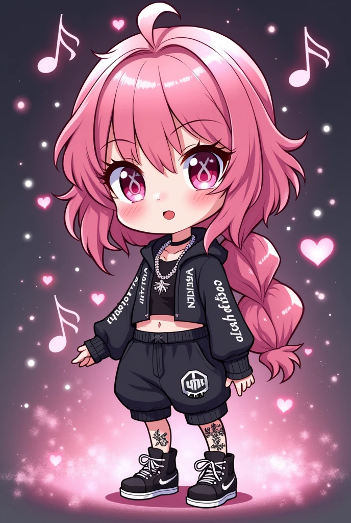 chibi, cute anime character girl, pink messy wavy hair, cross-shaped pupils, wearing loose baggy hip-hop fashion, attractive and seductive face, make-up, covered in tattoos, superlative body proportion, background another dimension, notes effects, star effects, heart effects, glitter effects, (ultra detailed, absolutely resolution, best quality:1.3)