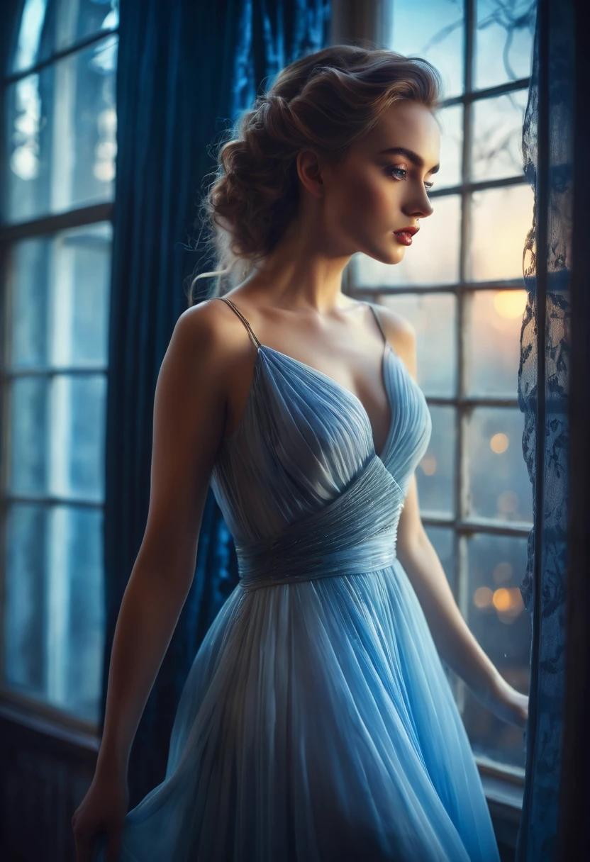 closeup shot, woman in a dress standing in front of a window, a picture by Marie Bashkirtseff, shutterstock, romanticism, half-turned lady in evening gown, flowing gown, wearing a flowing dress, mysterious woman, haunting beautiful young woman, wearing a white flowing dress, flowing dress, woman in dress, extremely moody blue lighting, miss aniela
