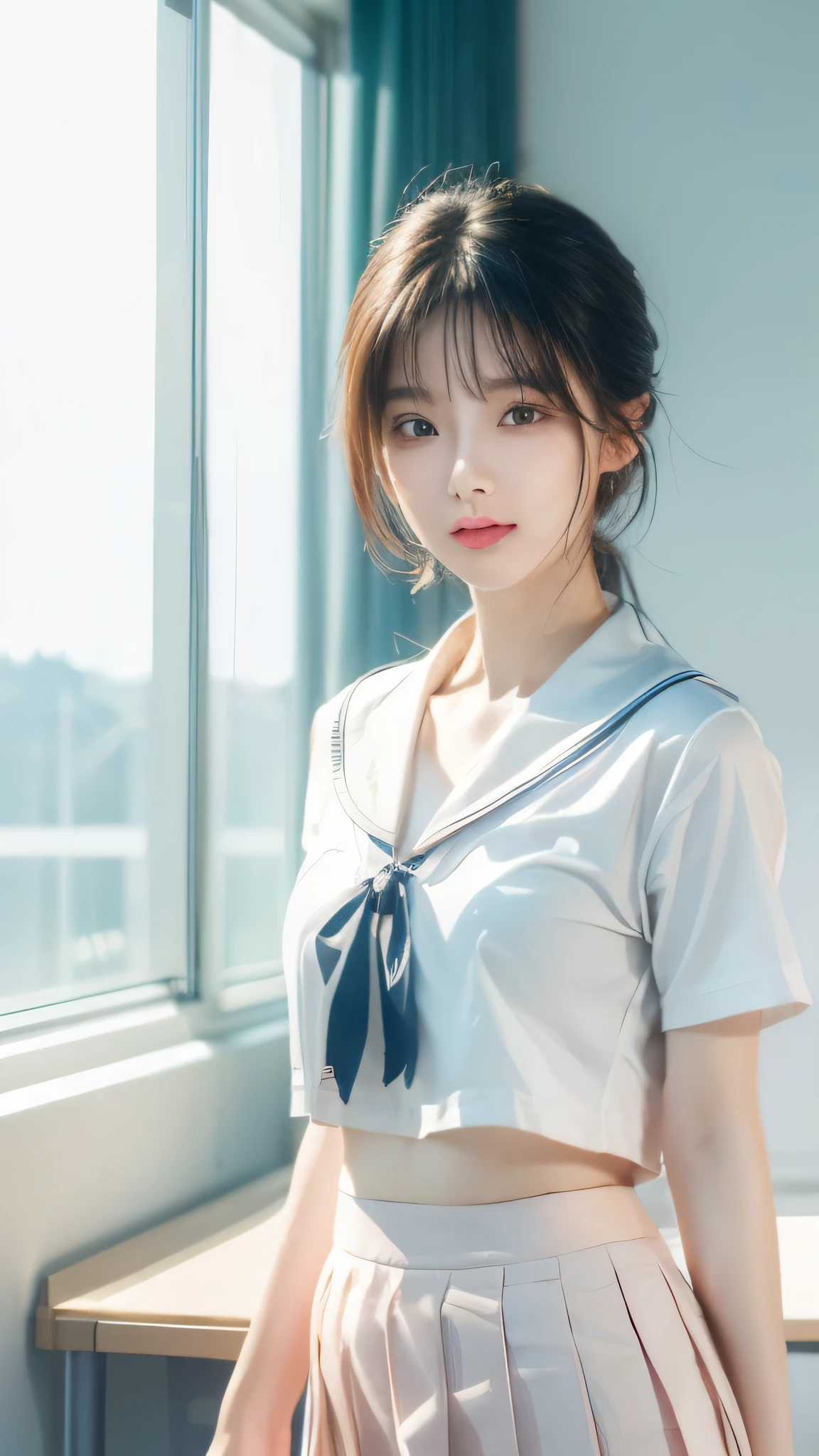 (8K, RAW photo, Reality:1.25) ,( Lip Gloss, eyelash, Smooth surface, Smooth skin, best quality, Ultra-high resolution, Depth of Field, Chromatic Aberration, Caustics, Broad lighting, Natural shadows,Korean Idol) Calmly、Looking at the audience with the happiness of a goddess, High School Classroom, Sailor Suit, mini skirt，photo，