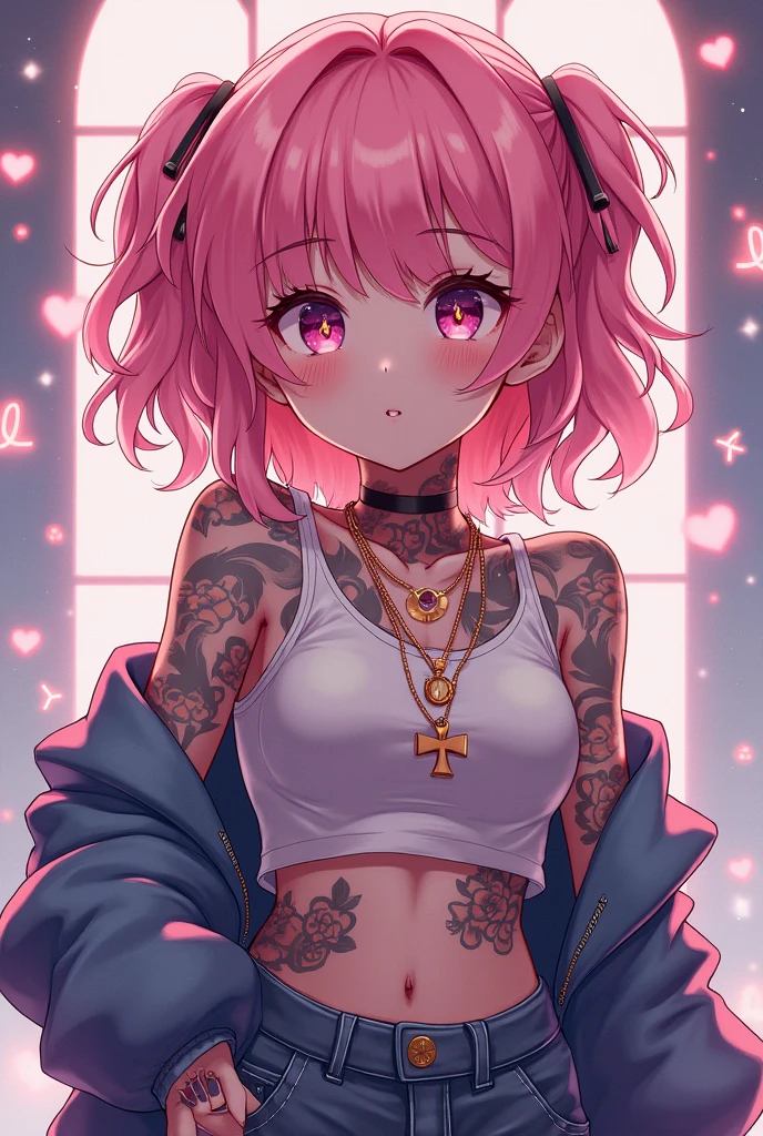 cute anime character girl, pink messy wavy hair, cross-shaped pupils, wearing loose baggy hip-hop fashion, attractive and seductive face, make-up, covered in tattoos, superlative body proportion, background another dimension, notes effects, star effects, heart effects, glitter effects, (ultra detailed, absolutely resolution, best quality:1.3)