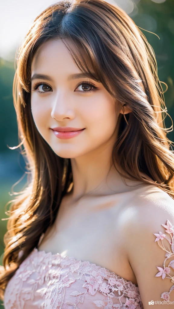 (realistic,photorealistic,photo-realistic:1.37),highly detailed pink lace dress ,gorgeous women,beautiful detailed eyes,beautiful detailed lips,beautiful smile,realism style,dynamic pose,full body,8k quality,depth field,wavy long black hair,professional portrait lighting,vivid colors,ultra-sharp focus,soft natural lighting,sophisticated expression,breathtaking composition,subtle background,highres