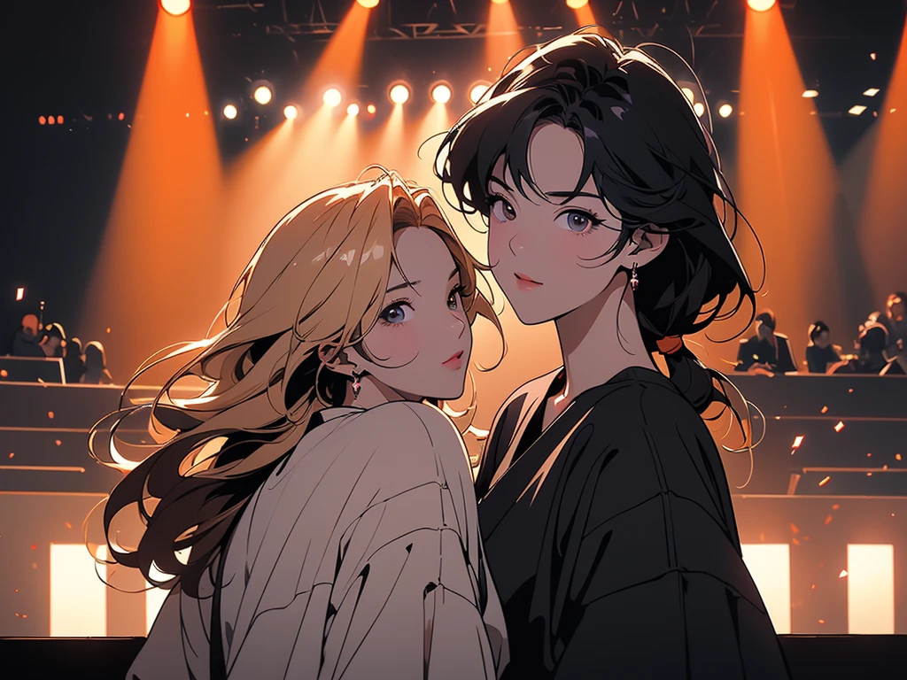 8k、masterpiece, Highest quality, Ultra-high resolution, Highest Resolution, Professional Lighting, Orange lighting、(((Anime-style depiction)))、Backlight、(((Dark Stage)))、Jazz performance stage、Spotlight、Antique lighting、indoor、Dim lighting、Fantastic space、Nobody is here
