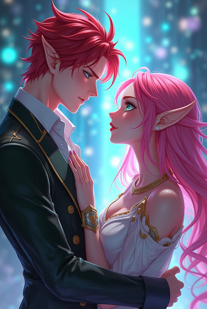 A male character honkai star rail have red hair and emerald eyes with masculine building try flirt pink elf names Elysia