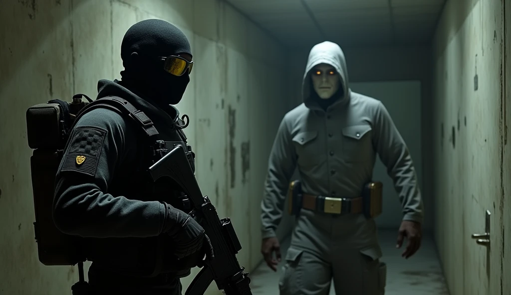 F.E.A.R. operative in tactical gear, showcasing his stealthy demeanor. Pay attention to the details of his armor, weaponry (like a pistol or submachine gun), and the visor of his helmet that obscures his face but hints at determination. He is wearing black tactical balaclava and red googles. He is standing in front of a man with his signature disheveled appearance, emphasizing his ghostly presence. Focus on his pale skin, dark hair, and the tattered remnants of his military uniform. Highlight the eerie glow in his eyes to reflect his psychic abilities.