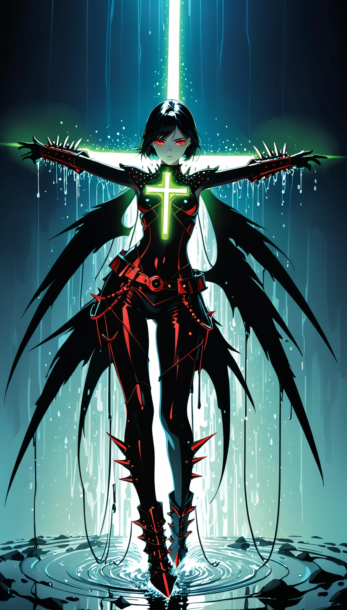 in style of Hans Hartung,in style by Kilian Eng
(1girl,character conceptual design,half body),gravure_pose,red eyes,black wings on back,glowing fluorescent,armor,giant forearm,drops of water,waterline string,(irregular light cross spikes,all eyes know:1.8)