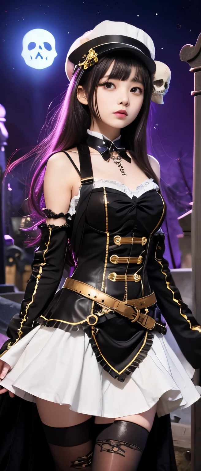 Cute idol girl、whole body、Good style、、、、、、、、、、Thick legs、Skull-covered Ghost Steampunk Tights Dress（gold and black）、Cool girl face、、、A graveyard glowing at night、Skeletons are dancing、Skull belt