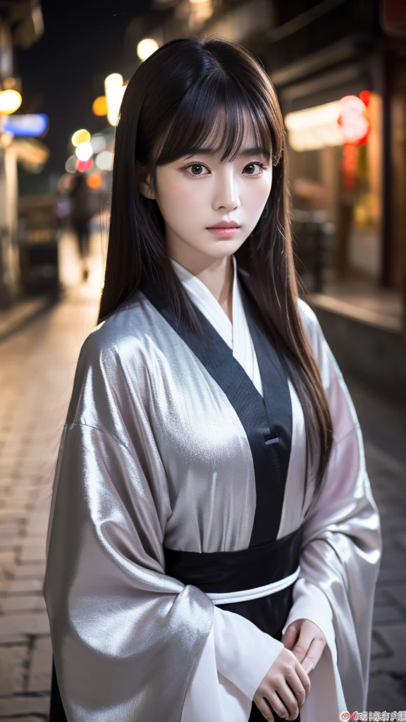 Masterpiece, Best, Night, Full Moon, 1 Female, Mature Woman, Chinese Style, Ancient China, Elder Sister, Royal Sister, Cold Face, Expressionless, Silver White Long Haired Woman, Light Pink Lips, Calm, Intellectual, Three Bangs, Gray Hitomi, Assassin, Long Sword, Swordsman, Fighting, Street View, Facial Details,