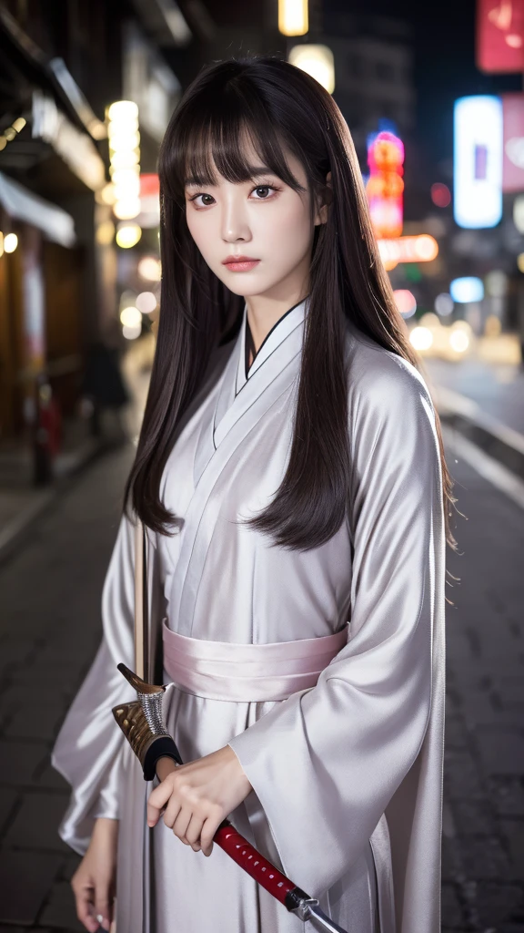 Masterpiece, Best, Night, Full Moon, 1 Female, Mature Woman, Chinese Style, Ancient China, Elder Sister, Royal Sister, Cold Face, Expressionless, Silver White Long Haired Woman, Light Pink Lips, Calm, Intellectual, Three Bangs, Gray Hitomi, Assassin, Long Sword, Swordsman, Fighting, Street View, Facial Details,