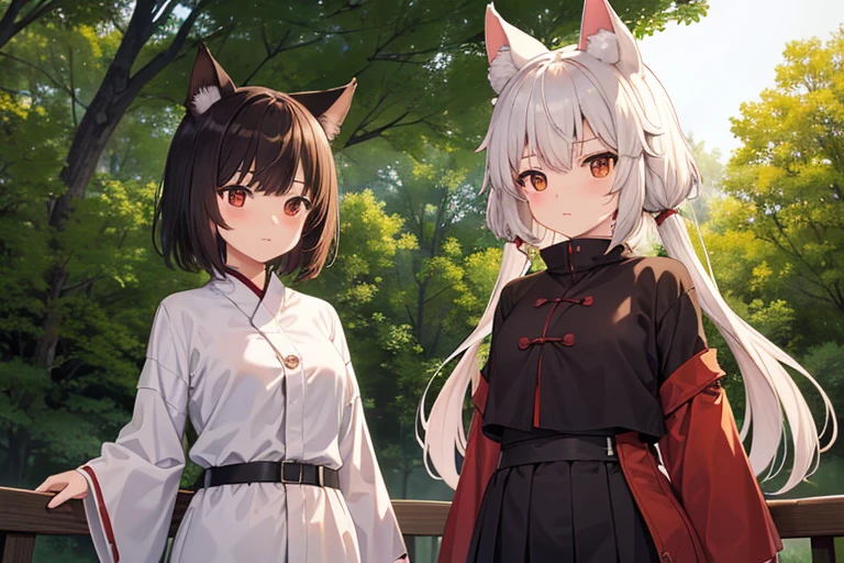 2girls cute (2girls Wolf ears Brown short hair Inubashiri Momiji) Petite Normal chest Thin thighs first round samurai The background is inside the forest at night
