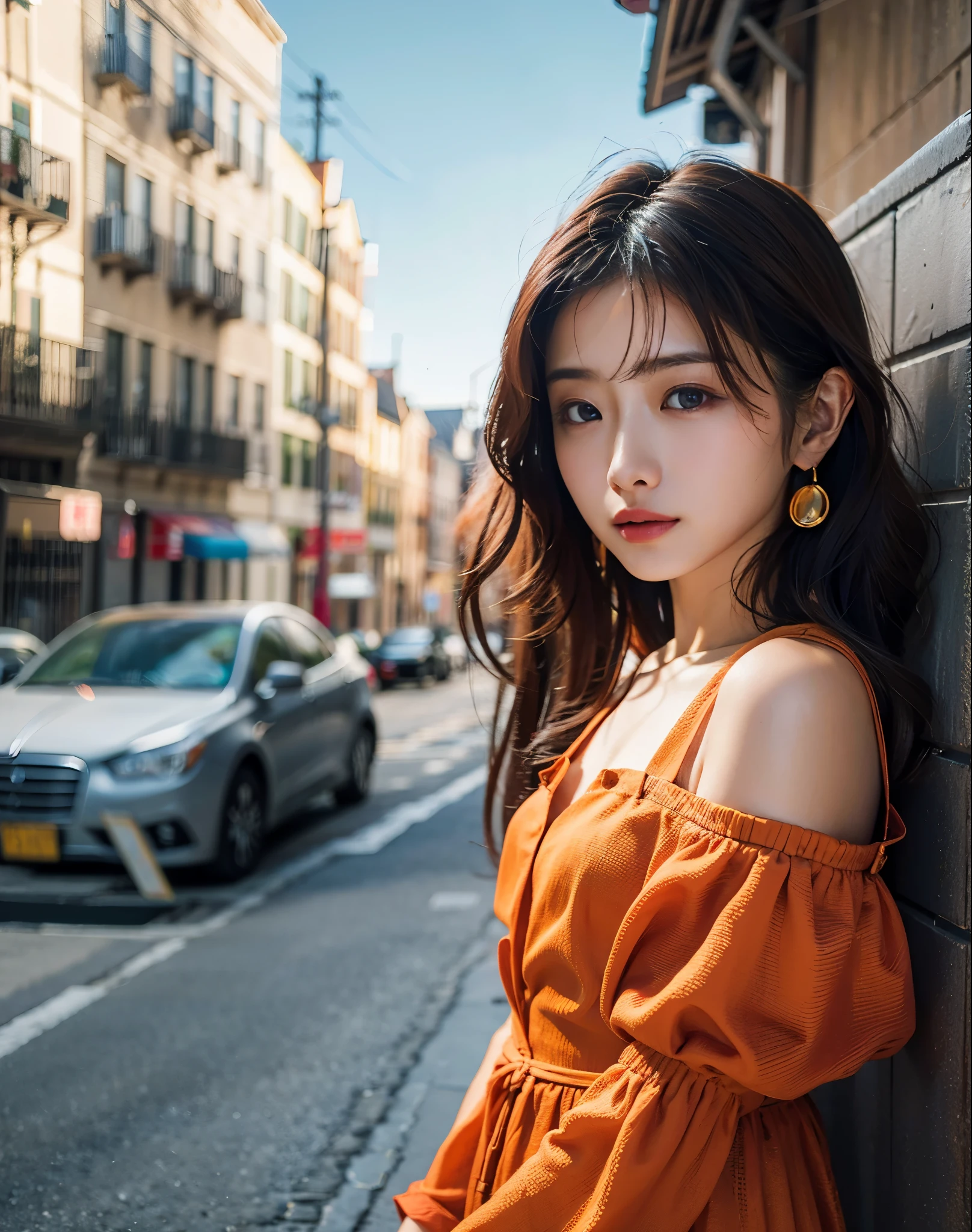 Woman posing on street corner in bright orange dress、beste Quality、a highres、8k、The girls 1 people、(small tits)、during the day、well lit、out door、(Street:0.8)、(ten mens々、crowd:1)、、gorgeou、(Medium hair)、Beautiful detailed sky、Beautiful earrings、(dinamic pose:0.8)、 (upper-body:1.2)、Soft lighting、Vents、Lustrous skin、line of sight、