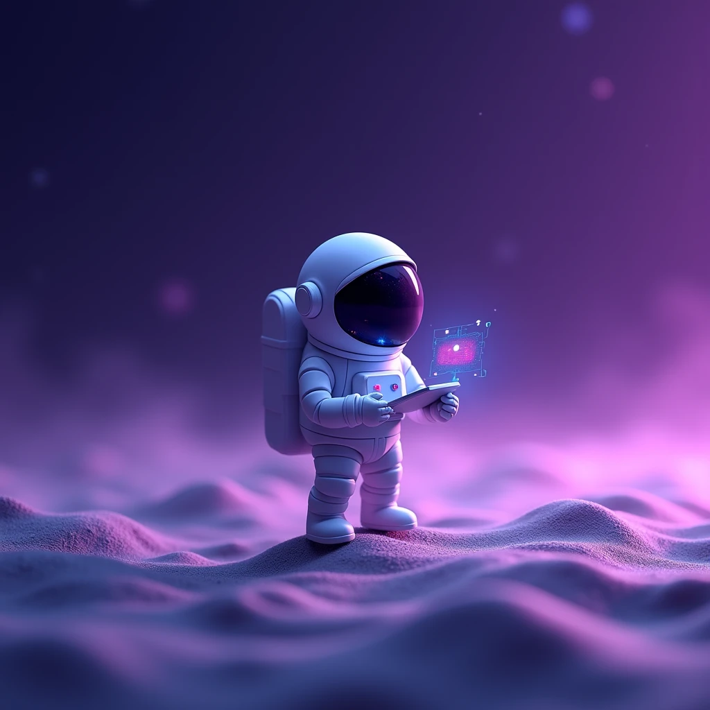 LITTLE human digital marketing specialist avatar astronaut in a zoom clean pose, working as a digital marketer in a galaxy, surrounded by a purple gradient background.
