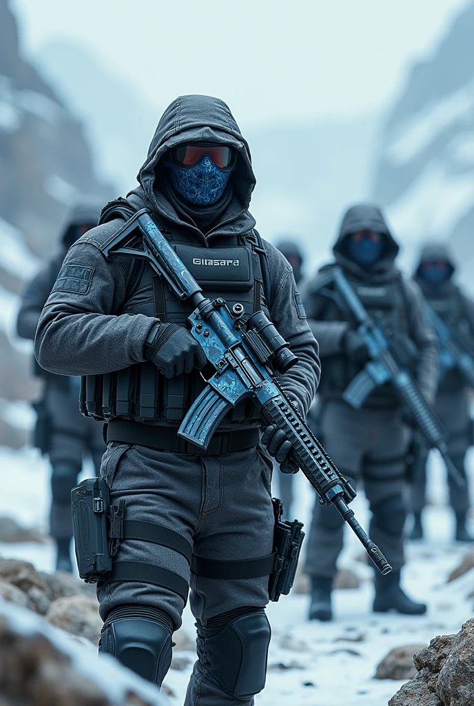 Group of man standing with M416 GLACIER GUN in background position x suit