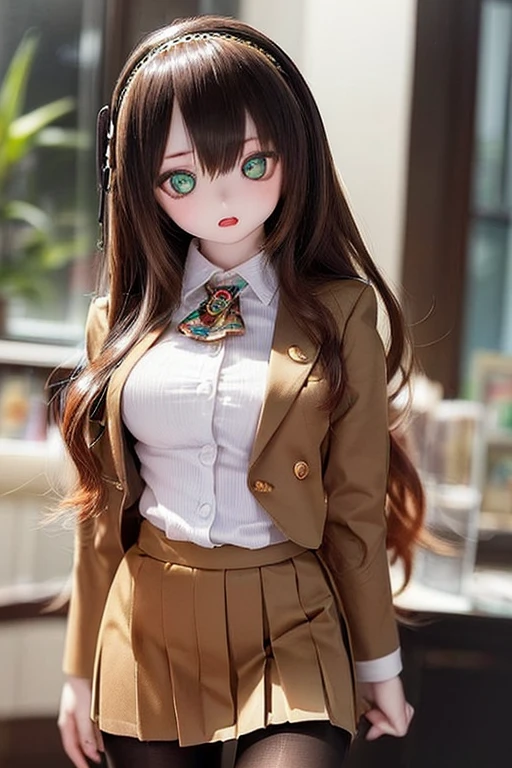 (SFW:2), photorealistic, realistic photo, 8k, ((highest quality)), ((masterpiece)), (extremely detailed), kukolnydom, doll, (mature woman, 21yo, 21 years old, solo:1.6), ((cowboy shot, contrapposto, slim, slender, skinny, medium breasts, hairband, ascot, school uniform, blazer, dress shirt, pleated skirt, black pantyhose)), (green eyes, brown hair, long hair, plastic skin, looking at another, glass eyes, gradient eyes, shining eyes, detailed eyes:1.3)