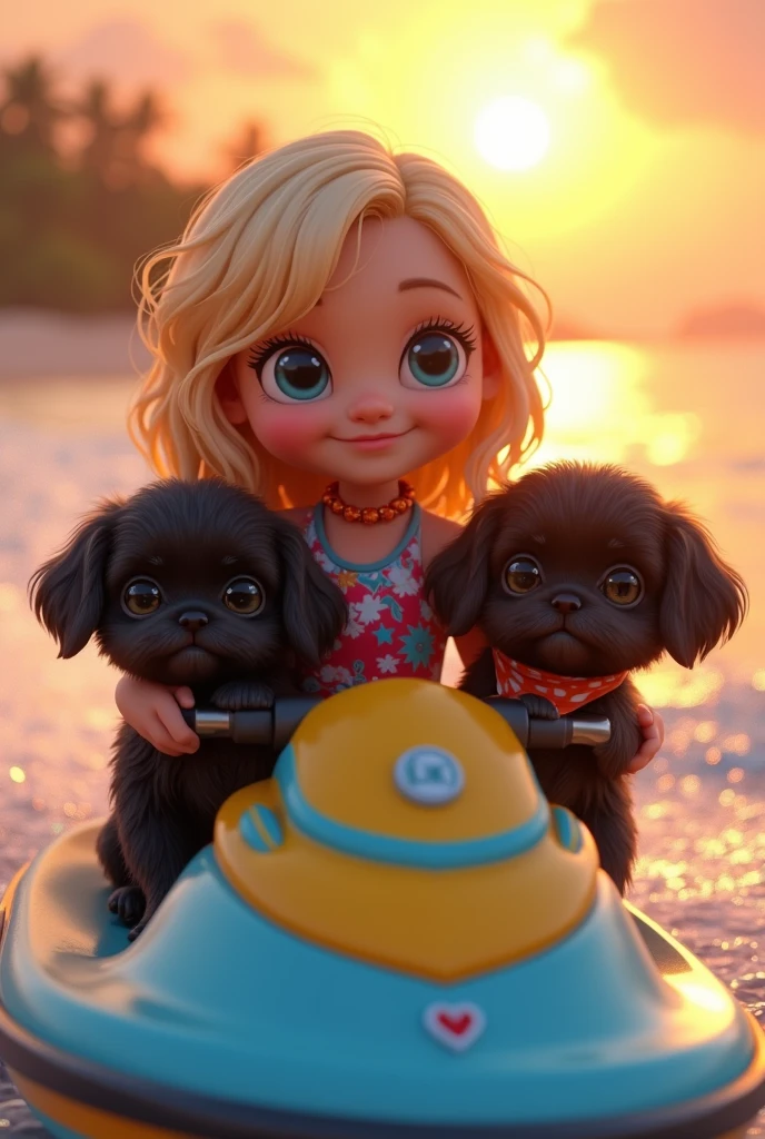 cute adorable 2 black shih tzu puppies, cute blonde girl, extremely detailed, big blue eyes, wearing colorful collar and bandana, riding jet ski, 3D Pixar style, at beach, sun rise in background photorealistic, (best quality,8k,highres,masterpiece:1.2),ultra-detailed,(realistic:1.37),HDR,vivid colors,studio lighting