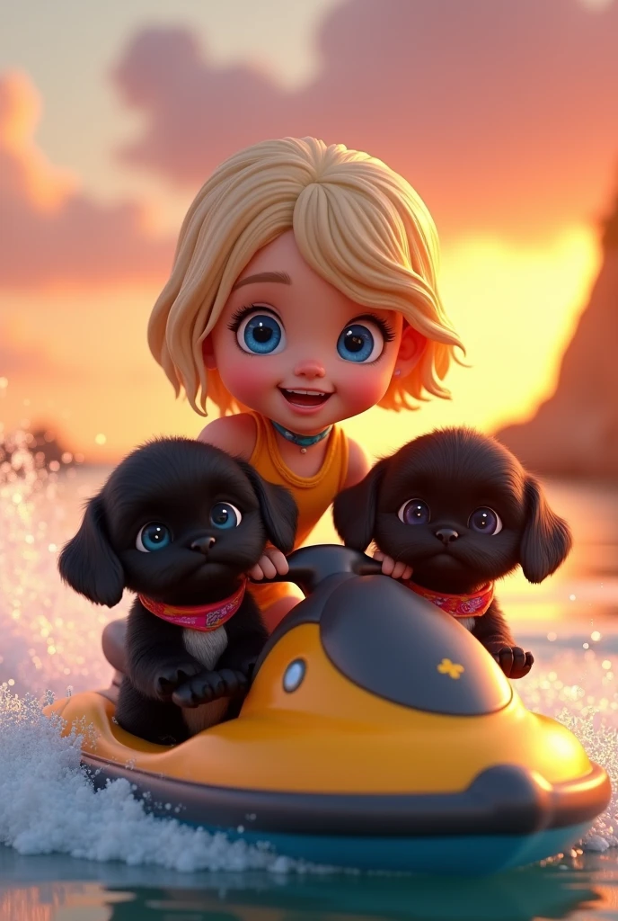 cute adorable 2 black shih tzu puppies, cute blonde girl, extremely detailed, big blue eyes, wearing colorful collar and bandana, riding jet ski, 3D Pixar style, at beach, sun rise in background photorealistic, (best quality,8k,highres,masterpiece:1.2),ultra-detailed,(realistic:1.37),HDR,vivid colors,studio lighting