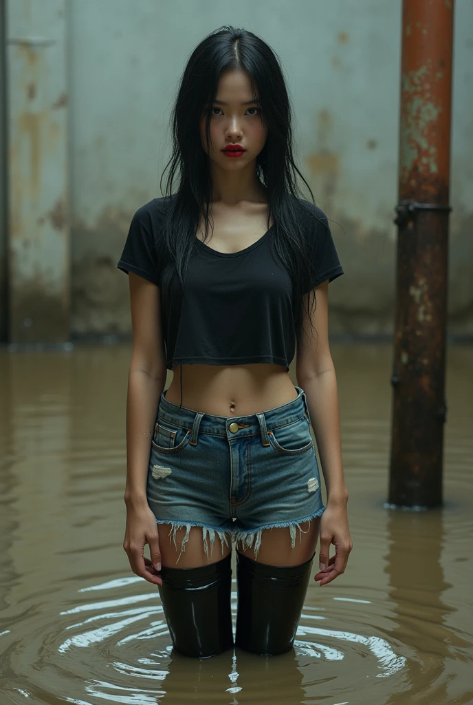 drama, wet girl, t-shirt, Black shiny latex stockings, Raw denim shorts,Standing and sinking in the depths of the muddy strait, Blank Background, red lips, Earth flow pipe,