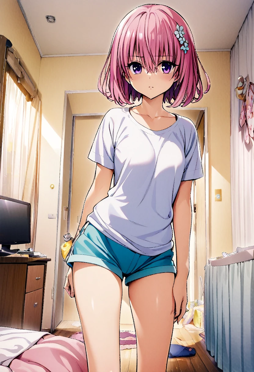 One girl, momo beria deviluke,pink short hair,purple eyes,floral hair accessory,shirt,shorts,room,masterpiece, best quality, absurdres,