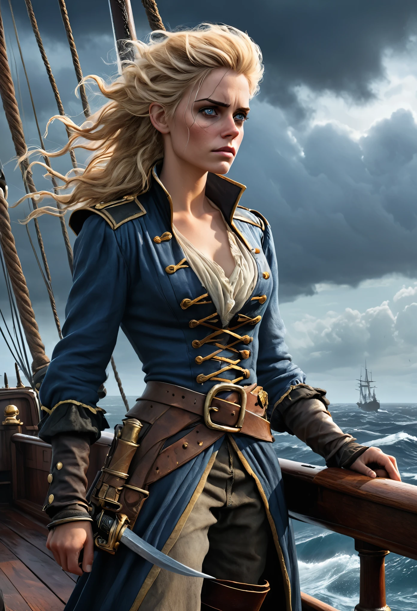 (Realistic:1.2), Grimy 24-year-old blonde pirate woman with weathered skin, sea-sprayed hair, and a salty gaze leaning against mast of. her storm-battered ship, a dagger by in her hand limp at her side, exhausted after another sea battle. The rough grey sea stretching out before her like an endless battlefield, waves crashing against the vessel's hull as dark, foreboding clouds gather on the horizon, an airship looming in the distance, its billowing sails tattered, the pirate's tunic a deep, rich blue with sea-worn whites and tawny leather accents, contrasting warm golden light on weathered wood and cold blue shadows, 8k hyper-real fantasy matte painting in the style of Simon Stalenhag, ZBrush textures and Unreal Engine 5, detailing reminiscent of Iain McCaig's concept art, loose brushstrokes echoing the rugged seascape my soulmate.