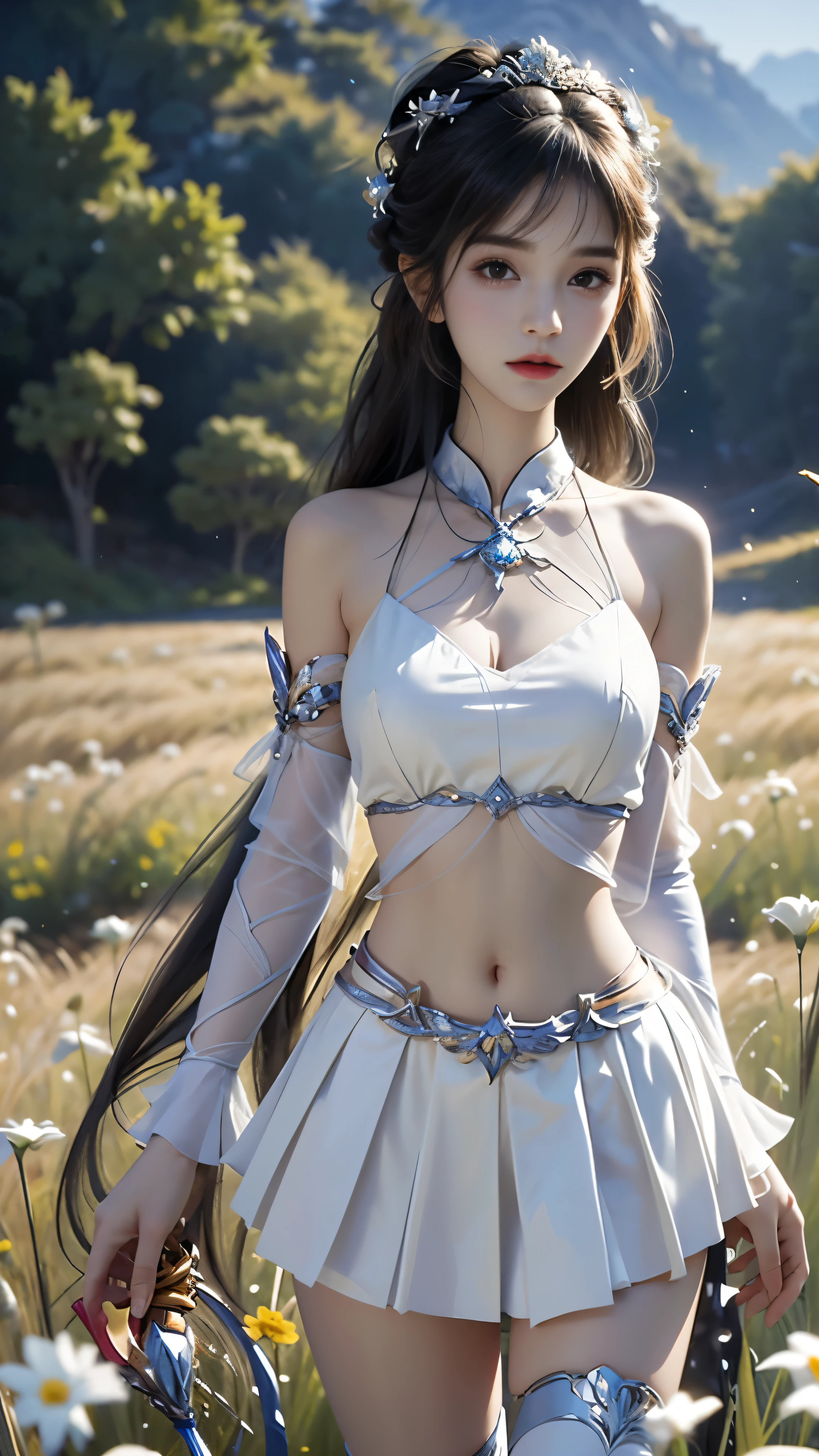 masterpiece，best quality，High target质量，High target清晰度，High target质量的纹理，High target质量的阴影，High target细节，Beautiful details，Fine details，Extremely detailed CG，Detailed texture，lifelike的面部表现，lifelike的，Colorful，Beautifully，Clear focus，(Intricate details，Pure face_v1:0.5)，(细节美Beautifully脸，(细节美Beautifully眼睛)，perfect比例的脸，High targetSkin details，Skin details，best ratio of four fingers and one thumb，emaciated:1.3)，1 girl，，High target，(光滑的Abdominal muscles:1.55)，(Abdominal muscles:0.5)，beautiful，perfect，High target，((Bare shoulders)), ((The skirt is very short)), (Long legs)，(Straight Legs)，(Thin waist)，((White skin))，White skin，((White skin))，(Emma Watson)，Large Breasts，((bule))，Light Blonde Hair，Stand with your legs apart，Looking at the audience，whole body，Portrait of cute blonde girl，((Standing in the wheat field,look into the distance))，bloom，Orange Fog，Sporty，A strand of hair，lifelike，High target品质渲染，Amazing Art，High target品质，film texture，Fuji XT3，Dream