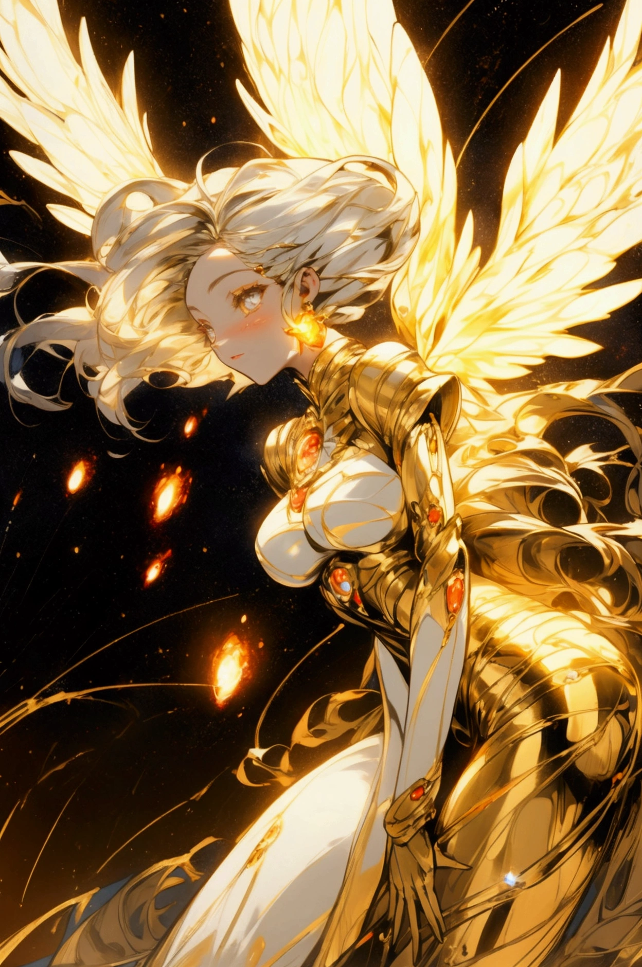 Celestine is a celestial creature whose eyes reflect the starry night sky. Her skin shimmers like the surface of the moon, and her long, flowing silver hair resembles the tail of a comet. As a supreme being, Celestine has the ability to manipulate cosmic elements, control the currents of the universe, and weave the very fabric of spacetime. She is a beacon of hope and light in the darkest corners of existence.She has the most divine body and perfect breasts, but almost the entire right half of her body is covered with liquid robotic metal on : her right arm, almost the entire right leg, waist and shoulder and the entire right side of her face hiding her deformity. She has one whole eye left, that is, the left, nine pairs of angel wings from which starlight emanates - half of them are white on the left and black on the right.She wears flowing clothes.
