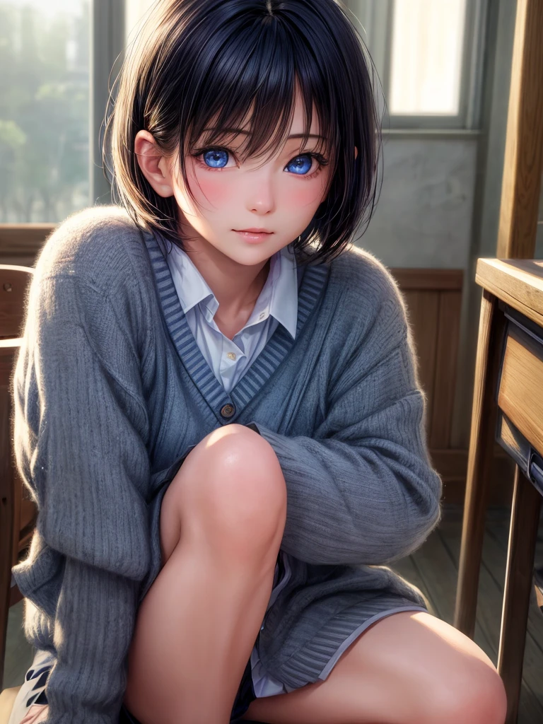 Highest quality, Face Focus, Soft Light, Ultra-high resolution, (Realistic:1.4), 1 Japan, alone, cute, (A shy smile, blush:0.5), (Dark blue eyes, Light in your eyes), Beautiful face in every detail, (Small box),(High resolution detail of human skin texture), (Short Bob Hair), break, In the classroom, uniform, cardigan, 